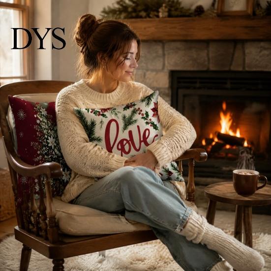Cozy Red Holiday Accent Pillows Christmas Throw Pillow Covers, Poinsettia Reindeer Pine Branch Decorative for Bay Window Cushion Cases, Xmas