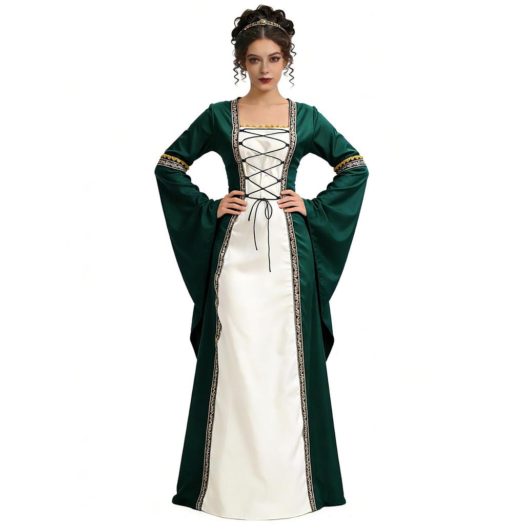 Abito Medievale Rinascimentale con Mantello, Abito Lungo Vittoriano con Lacci per Donna, Ideale per Halloween, Cosplay e Feste a Tema