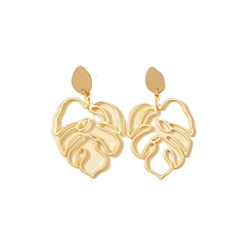 Charm Hollow Leaf Drop Dangle Earrings for Women Temperament Gold Color Stainless Steel Winter Stud Earring Jewelry Accessories