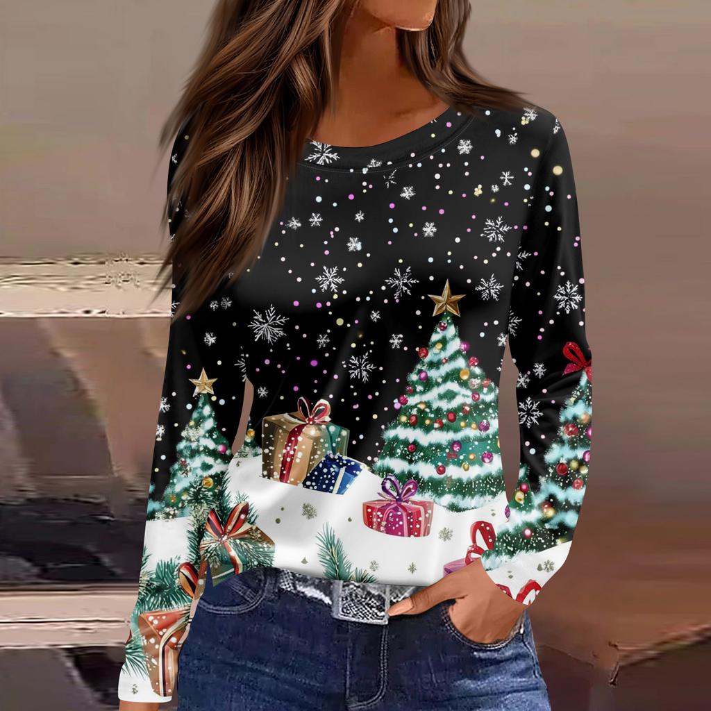 Damska Moda Casual Rozcięcie na Dole Okrągły Dekolt Długi Rękaw Luźna Koszulka z Nadrukiem Świątecznym Damski Top