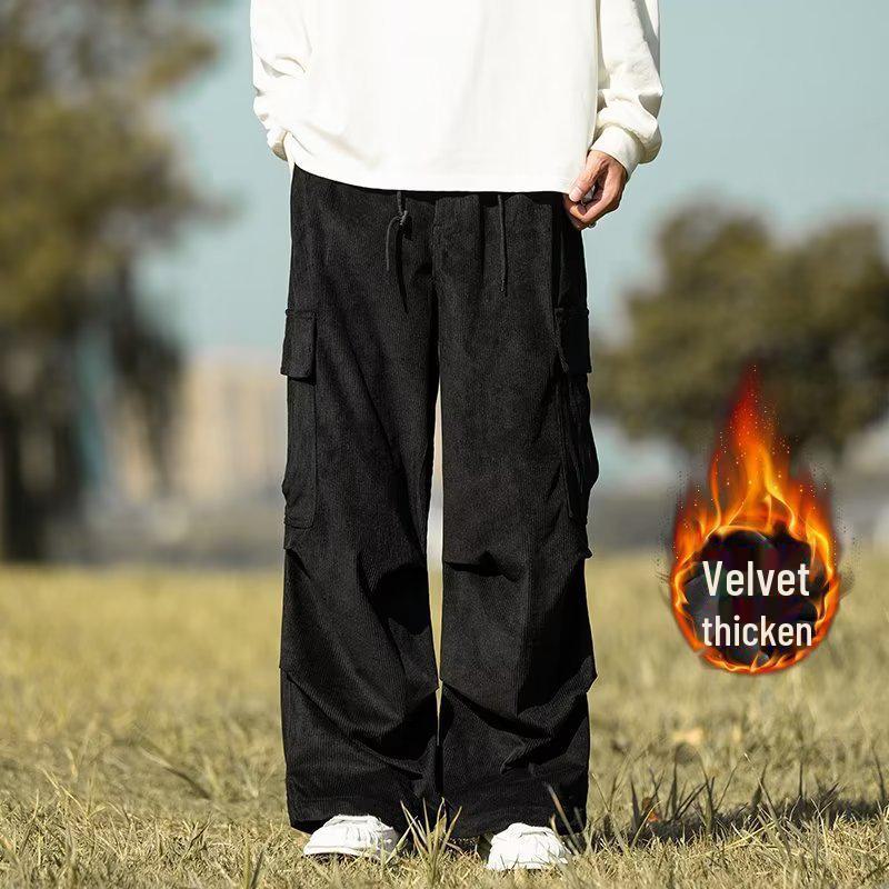 Men's Casual Trendy Army Green Corduroy Overalls - Autumn & Winter Wide-Leg Trousers