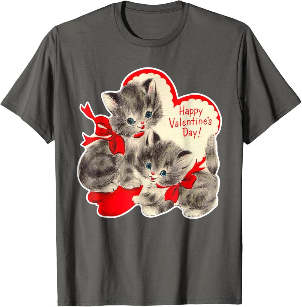 Vintage Kitten Valentine Graphic T-Shirt Retro Holiday Print Soft Cotton Casual Daily Tee