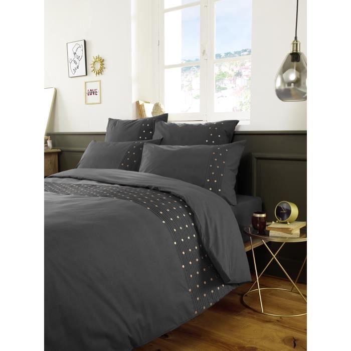 Housse De Couette - Agathe - Poivre Anthracite - 200x200cm - Coton - Pois Brodés