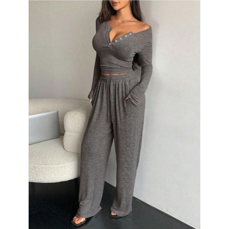 Women V Neck Cropped Long Sleeve Top Wide Leg Pants Casual Matching Set
