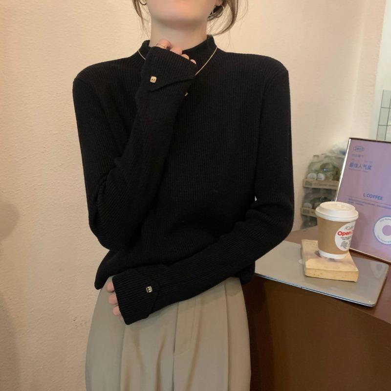 Knitted sweater women's semi-turtleneck bottoming shirt spring unique cuff design inner top