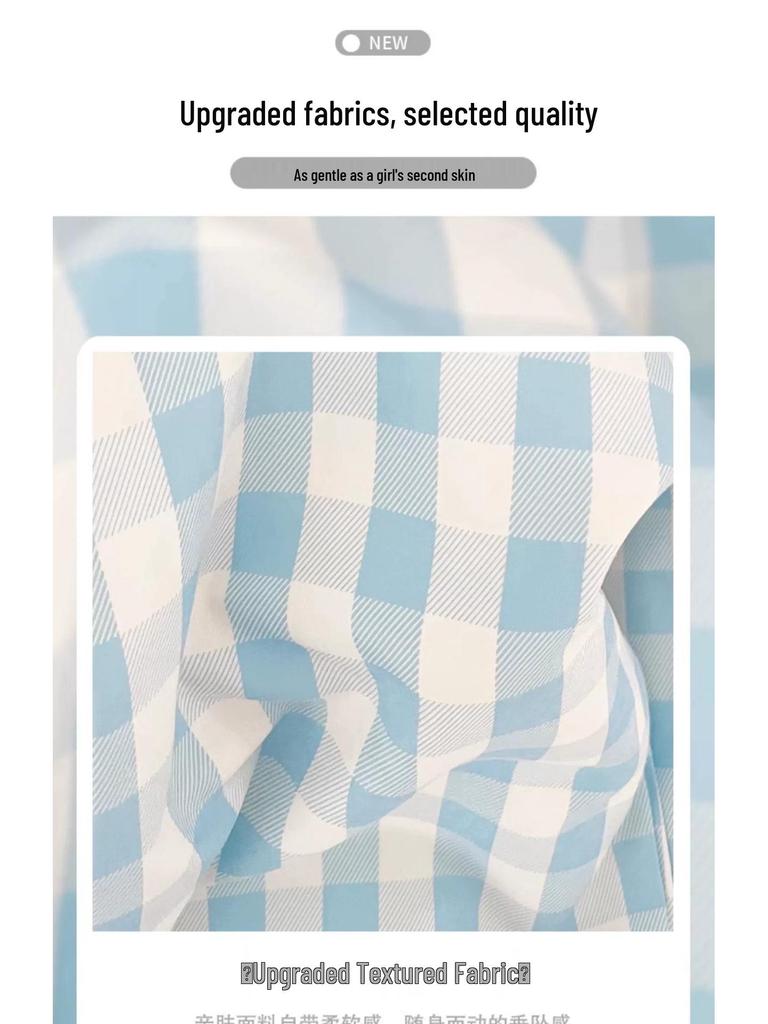 Women's High Waist Blue Plaid Wide-Leg Pants - Petite, Loose-Fit, Casual Summer Style