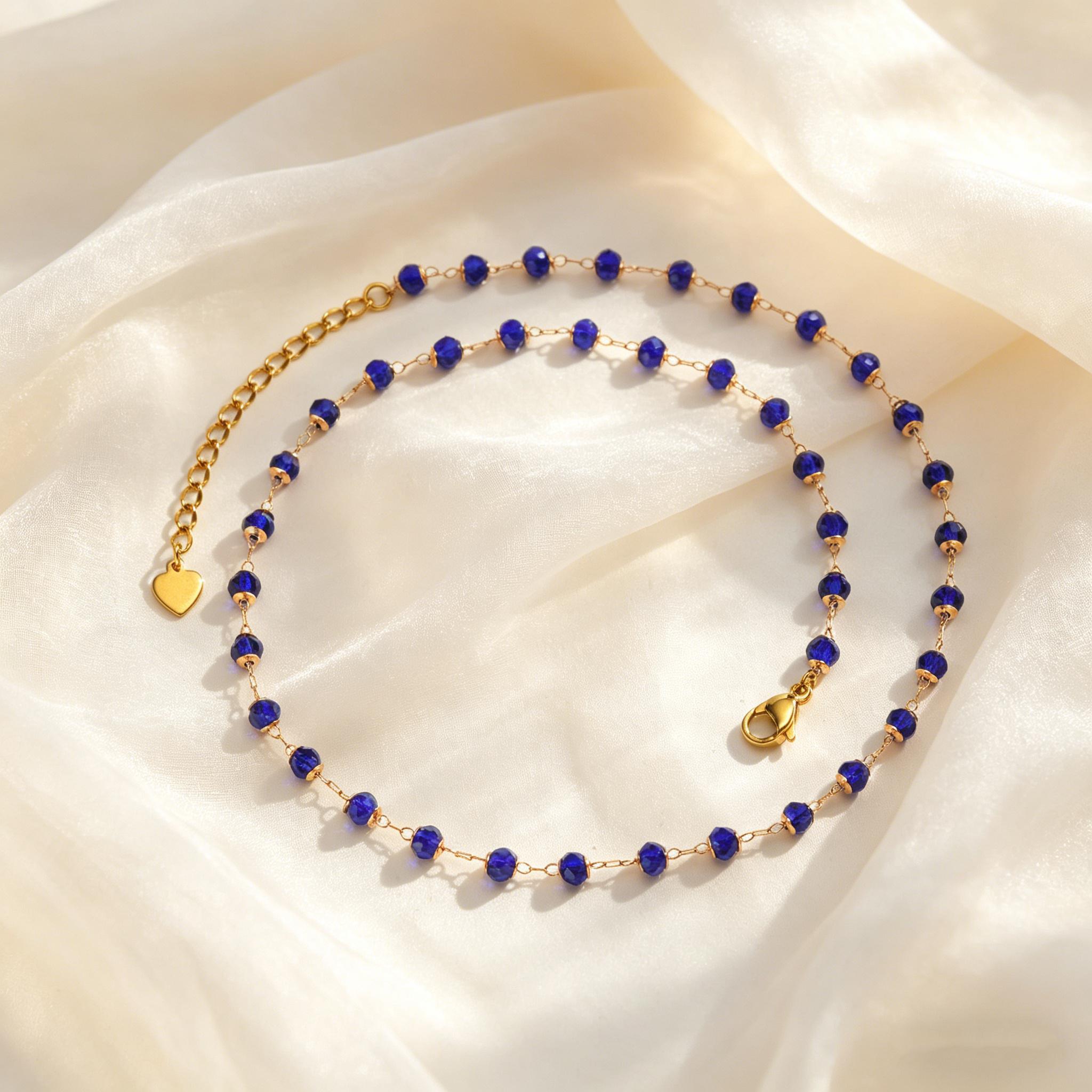 Luxury Blue Crystal Beads Necklace for Women, Adjustable Metal Chain Choker Necklace, Daily Party Wear Fashion Jewelry