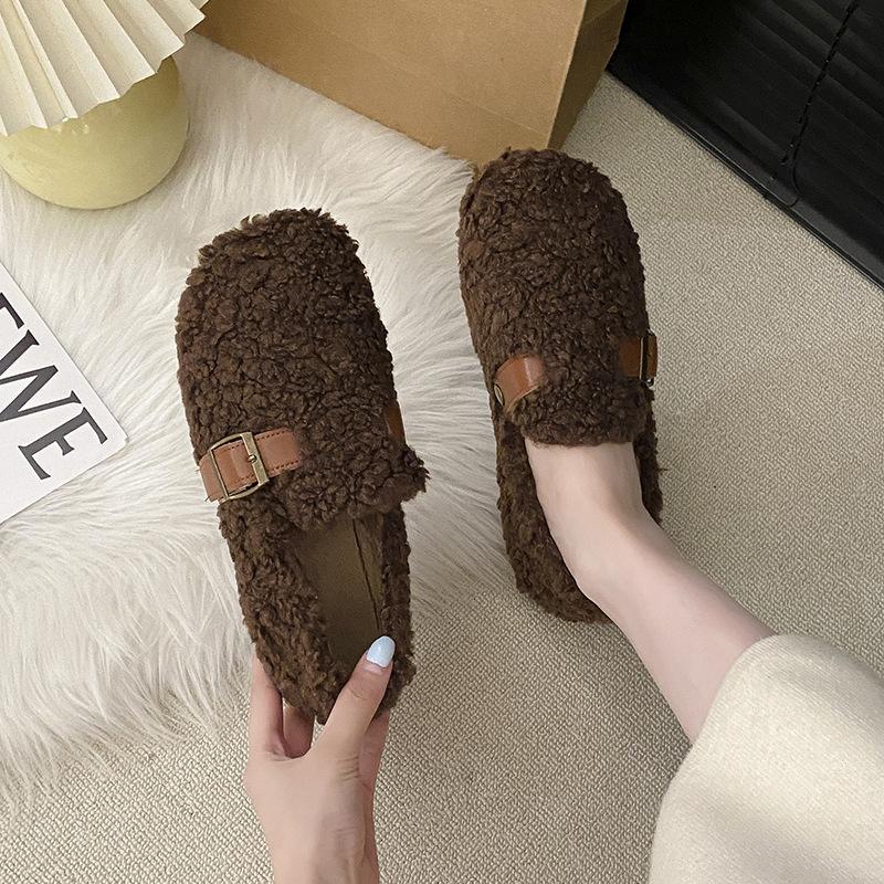 Flat-bottomed one-pedal lazy fluffy shoes for women to wear 2025 new autumn and winter velvet beanie single shoes cotton shoes