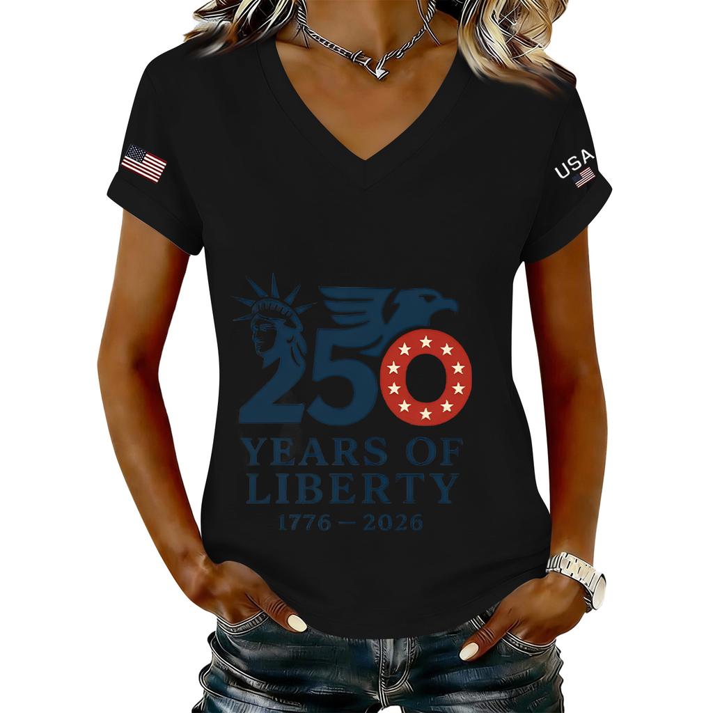 Women’s Fashion V Neck Short Sleeve Tee Casual Letter Print Top 250 Years of 1776 2026 Anniversary Shirt