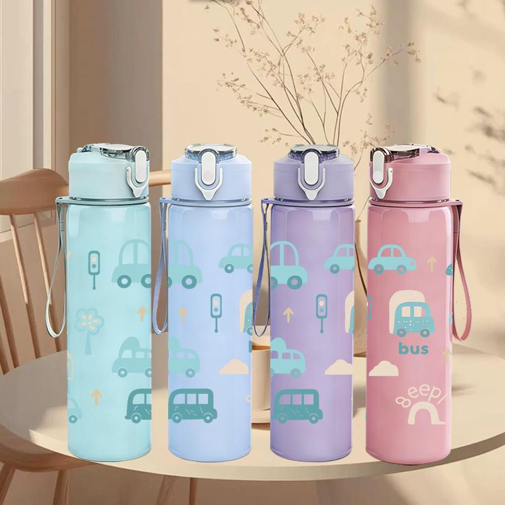 1PC Toy Car Pastel Seamless Pattern 750ml Color Plastic Sports Water Bottle Leakproof Flip Straw Lid Suitable for Sports Office Home Use