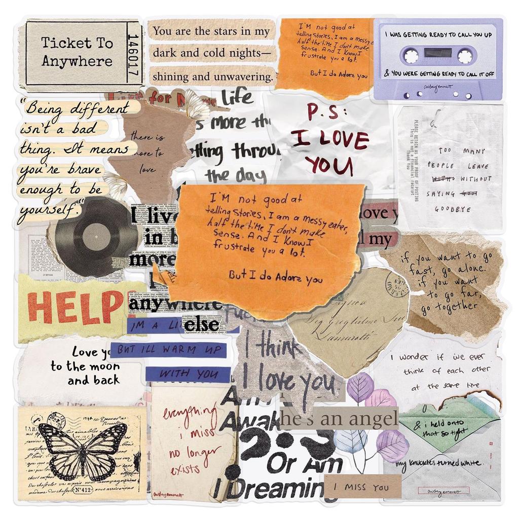 50 Transparente Retro Englische Fragment PET-Aufkleber: Wasserdichte DIY Journal- & Collage-Dekoration