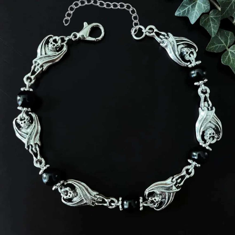 Dark Gothic Silver Color Vampire Bat Black Onyx Bracelets for Women Men Halloween Party Mysterious Comic Convention Jewelry Gift