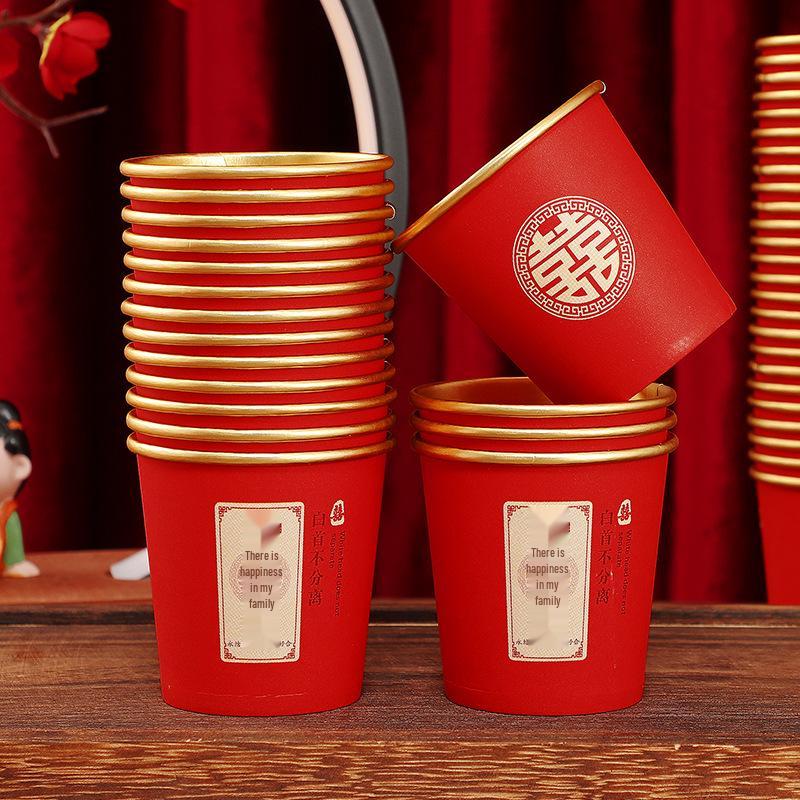Gold Foil Disposable Wedding Cups - Thickened Red Tea Ceremony & Celebration Cups