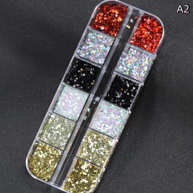 12 Grids Mini Mixed Star Heart Nail Art Glitter Sequins Sparkling Nail Sequins 3D Glitter Holographic Laser Nail Art Charms Diy