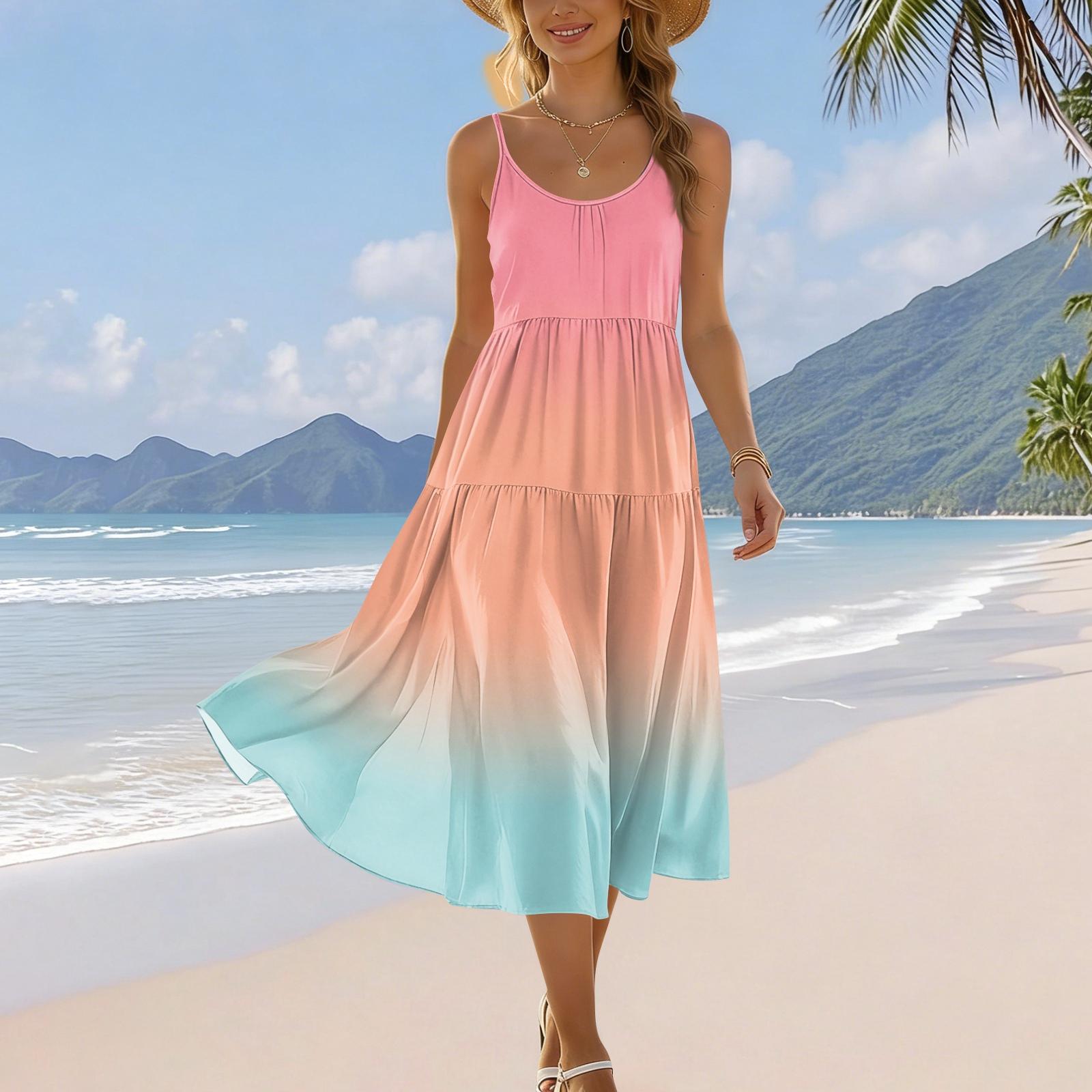 Sleeveless Spaghetti Strap Gradient Midi Dress Lightweight Casual Loose Fit Sundress Flowy Summer Beach Dress for Women S