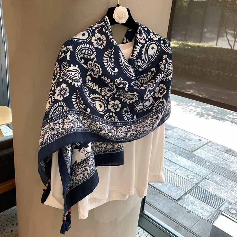 Yunnan Ethnic Style Cotton And Linen Feel Navy Blue Cashew Flower Scarf Shawl Air Conditioner Towel Sun Protection Towel Outer Scarf