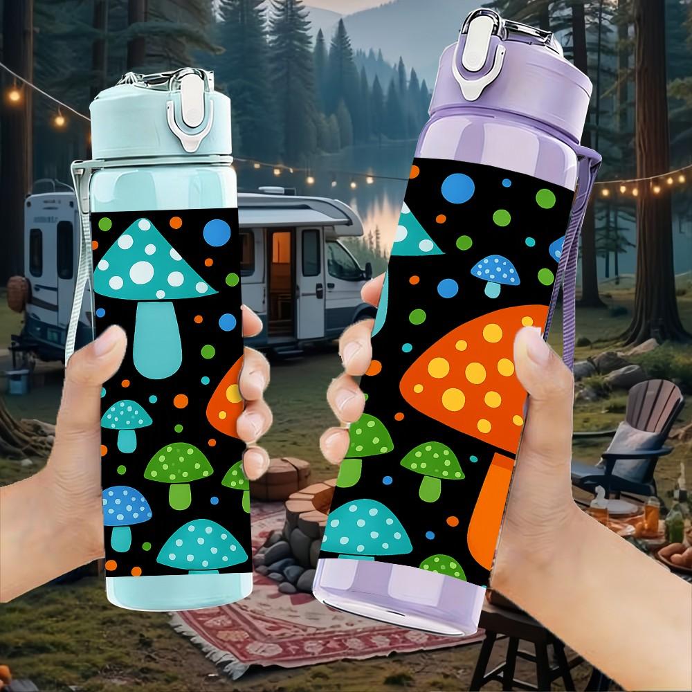 1PC Colorful Mushroom Fantasy Cartoon Print 750ml Color Plastic Sports Water Bottle Leakproof Flip Straw Lid Suitable for Sports Office Home Use
