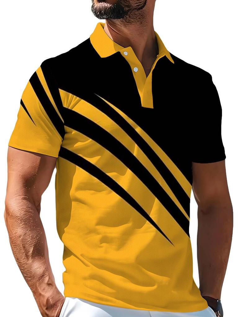 [Print Design - Not Textured] Men'S Outdoor Short Sleeve Polo Shirt, Multi-Size Available, Men'S Collared Polo, Yellow Black Contrast Print Men'S Top,
