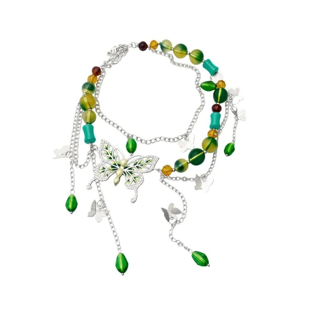 Long Tassel Choker Chain Necklace Green Crystal Rhinestone Butterfly Necklace  Collarbone Chain зелёный