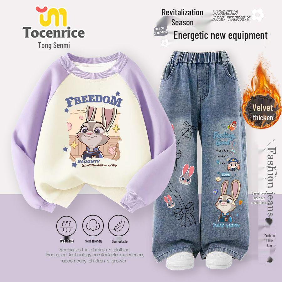 Zootopia Judy Autumn/Winter Girls' Two-Piece Set: Stylish Hoodie and Jeans for Trendy Medium To Older Children.