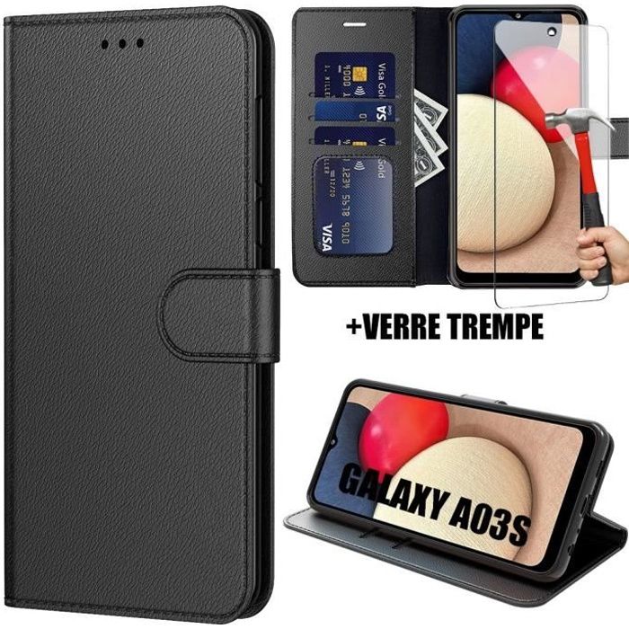 Coque de protection - BOOLING - pour Samsung Galaxy A03S - Effet cuir noir - Fermeture magnétique - Pack 2 verres trempés
