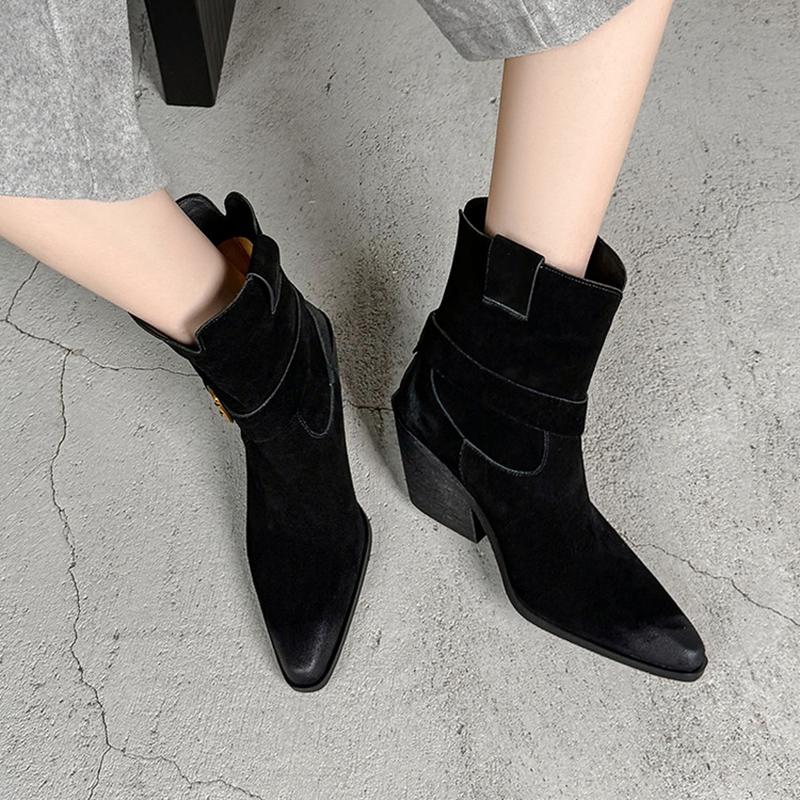 Fashion NEW Autumn Women Boots Pointed Toe Chunky Heel Shoes Cow Suede Leather Shoes for Women Casual Slip-on Western Boots Daily Shoes