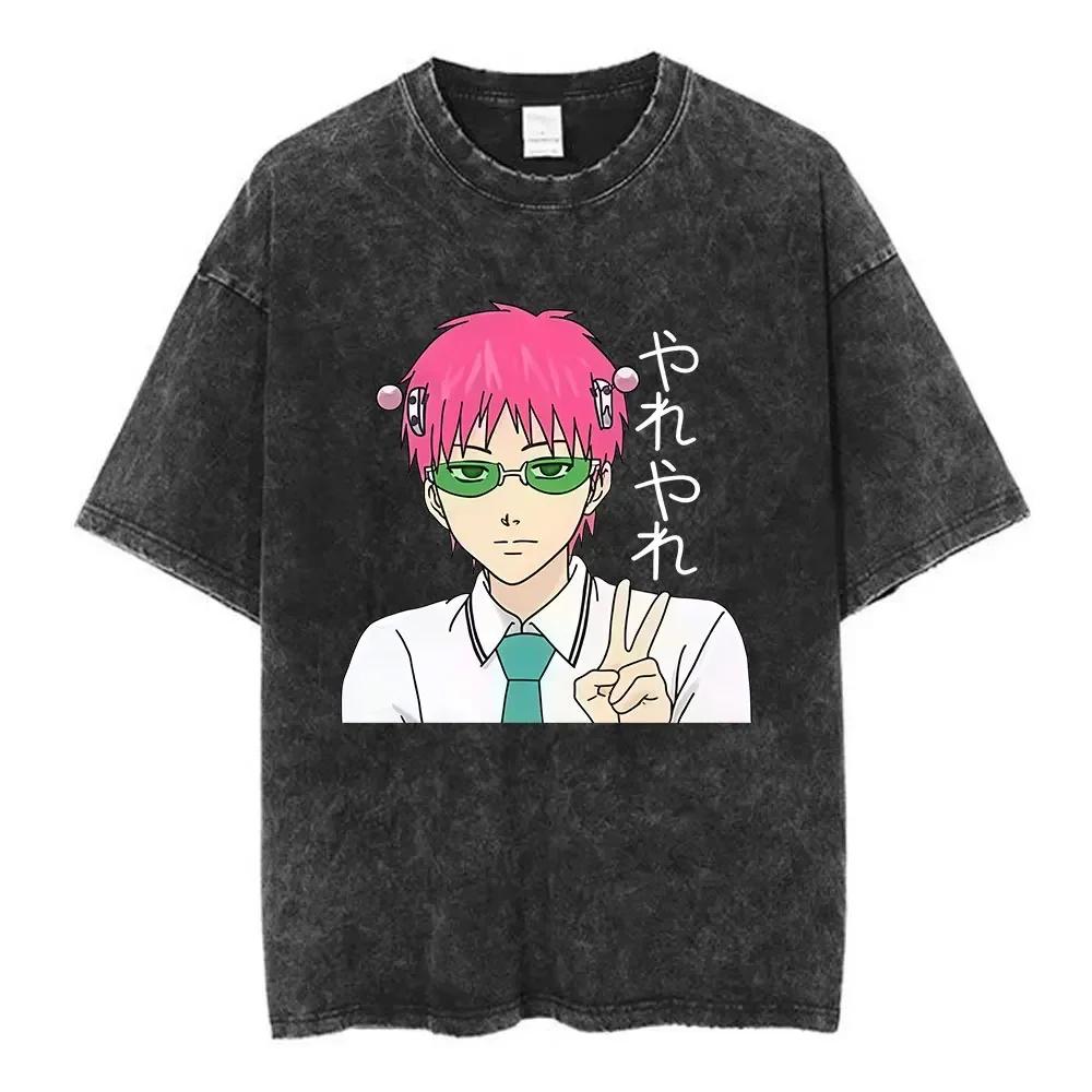 Disastrous Life of Saiki K Saiki Summer Washed Vintage Anime Kusuo Men Women Retro Pure Cotton Printed Leisure T-shirt Y2k