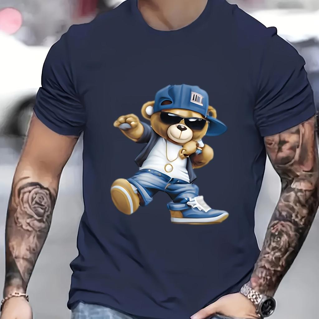 Herren Sommer 100 Baumwolle Modisch Lässig Sportlich Locker Groß Cartoon Cooles Bärenmuster Bedruckt Rundhals Kurzarm T-Shirt
