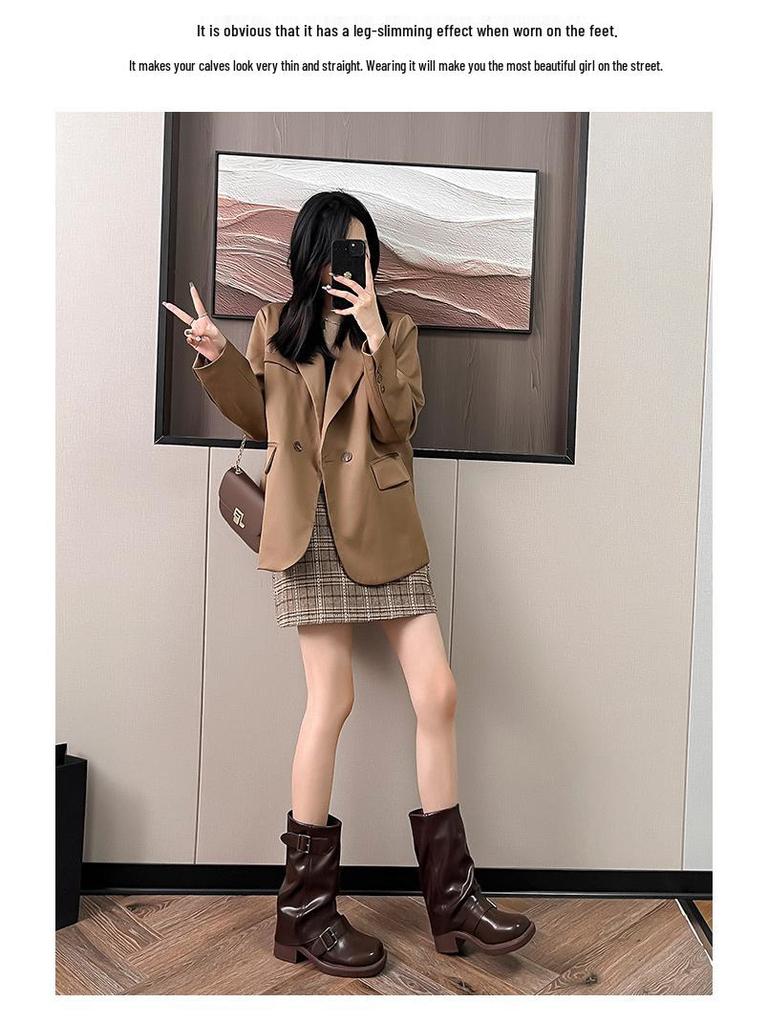 Women's Retro Buckle Mid-Calf Chunky Heel Boots: Round Toe, Wide Shaft, Ruched Ankle, Western Style for Autumn/Winter