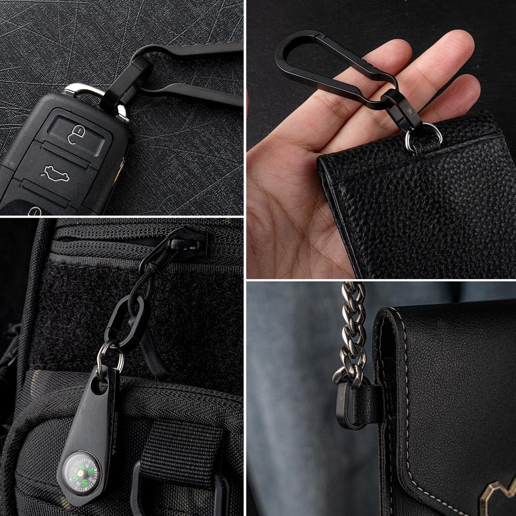TIMULTI Titanium Keychain Key Ring Carabiner Connection Mini Hook Quick Release Connector (Black, 2 Continuous Rings + 3 Side Push Rings)