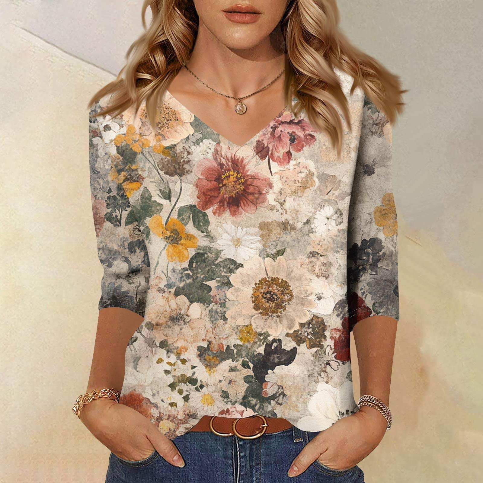 

Женские топы, рубашка с рукавом три четверти, свободная повседневная рубашка с V-образным вырезом, футболка с цветочным принтом M хаки