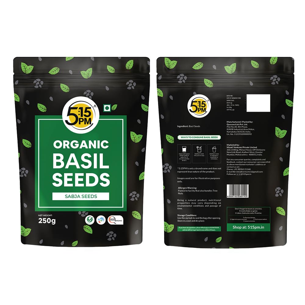 5:15PM Bio-Sabja-Samen 250g Packung 1 | Glutenfreie Basilikumsamen für Smoothies, Getränke & Desserts