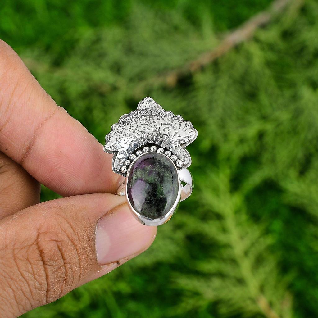 Mothers day Sale 925 Sterling Silver Ruby Zoisite Stone Solitaire Wife Ring