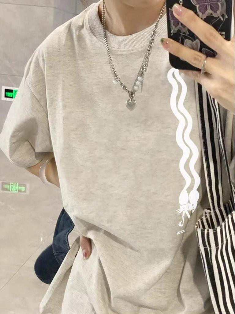 Women's Plus Size Pure Cotton Short Sleeve T-Shirt, 2025 Summer Collection, Straight Shoulder, American High Street Style, Loose Fit Top.