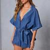 Lässiger Damen-Jumpsuit aus Denim mit Kragen und kurzen Ärmeln