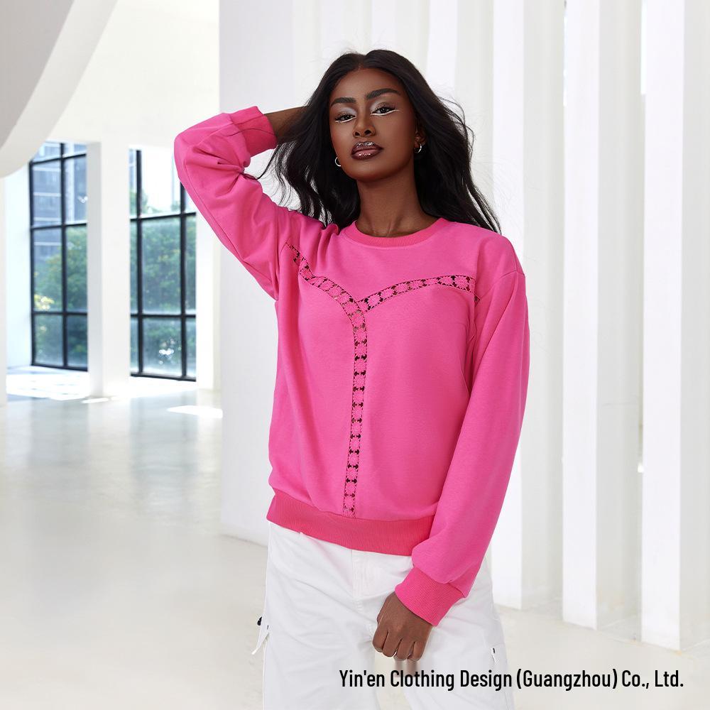 Winter 2026 Women's Lace Trim Round Neck Loose Hoodie with Hollow Design