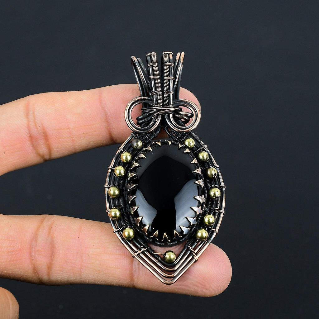Wunderschöner schwarzer Onyx-Edelstein, reiner Kupferdraht, umwickelt, handgefertigter Anhänger, Schmuck, Geschenk