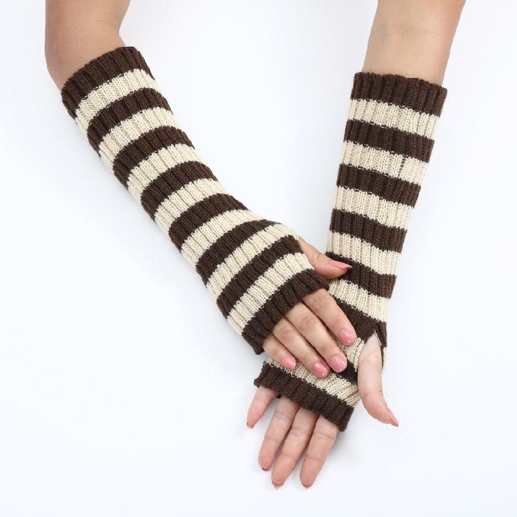 Teenagers Winter Half Finger Mitten Stripe Pattern Knit Keep Warm Lengthen Wrist