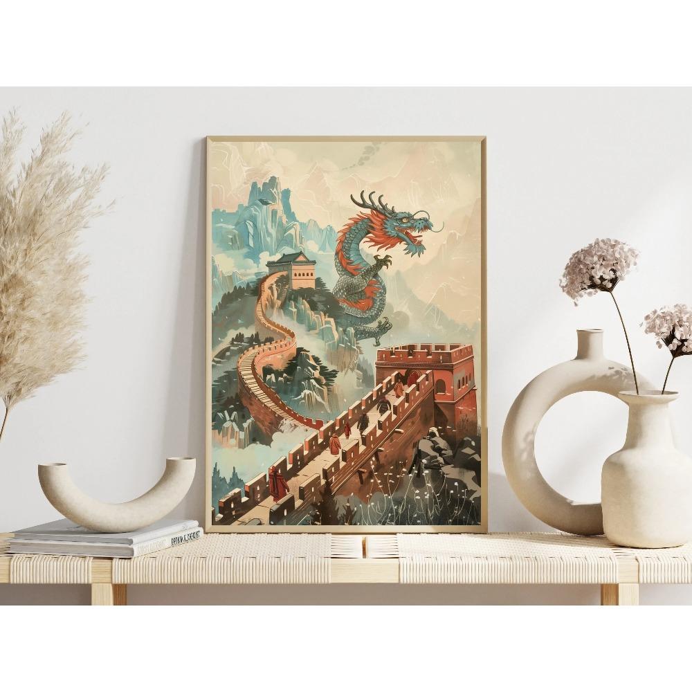 Vintage Iconic Mysterious Grand Chinese Loong Poster The Great Wall Modern Prints Canvas Wall Art Picture Home Living Room Decor
