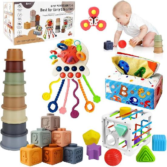 Игрушки Монтессори 6 в 1 для детей от 6 до 12 месяцев - Включают игрушку с веревочкой, стаканчики для пирамидки, коробочку для салфеток, юлу на присоске, кубики для пирамидки, Активность Small