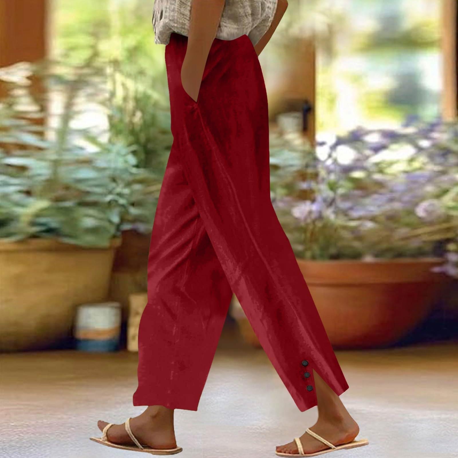 

Женские модные повседневные брюки, однотонные прямые брюки с эластичным поясом и карманами L красный