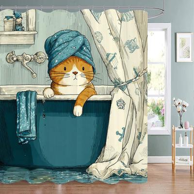 Funny Bathing Cat In Bathtub Shower Curtain, Bathroom Decorative Cartoon Cat Cartoon Shower Curtain Printed Fabric with Hooks
