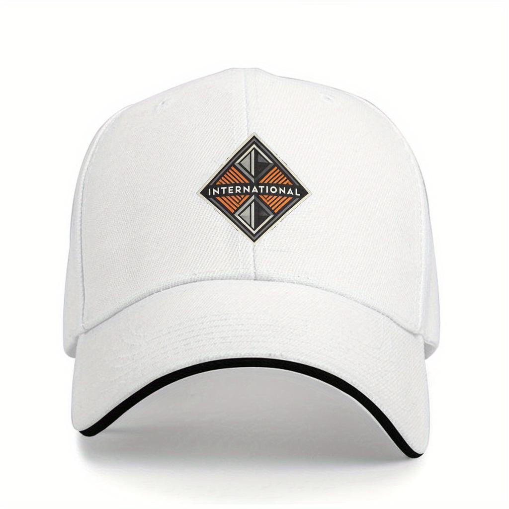 Outdoor Adventure Adjustable Lightweight Baseball Cap with Retro Geometric INTERNATIONAL Logo  Navy Blue PVC Coated