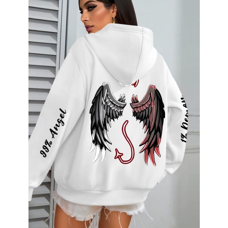 Übergröße Engels- und Dämonen-Print Hoodie, Lässiges Langarm-Kapuzensweatshirt mit Tasche für Winter & Herbst, Entwickelt für Damen
