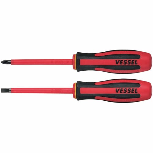 VESSEL Megadora Insulated Screwdriver, Set of 2, Electric Shock Prevention, VDE Certified, 9602PS