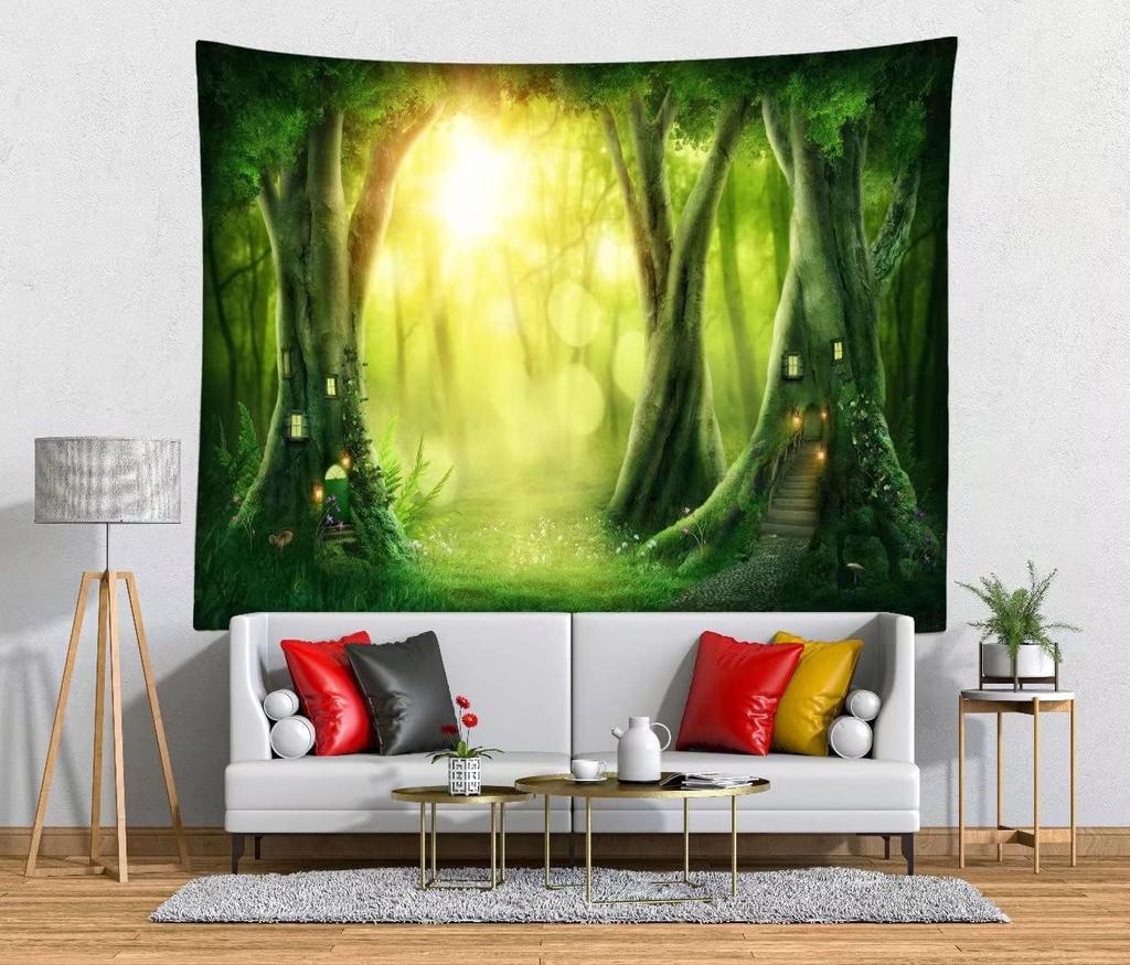 Grüner Wald Wandteppich Kulisse Kleiner Wasserfall Wandteppich Naturlandschaft Fluss Bach Wandbehang Waldlandschaft Wandteppich