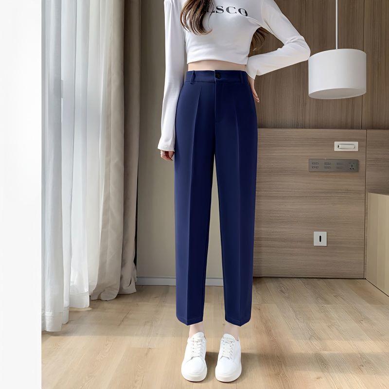 

Women s Dark Blue High-Waist Cropped Cigarette Pants: Professional Autumn/Winter Slim Fit with Great Drape and Straight Legs. L (108-118 lbs)