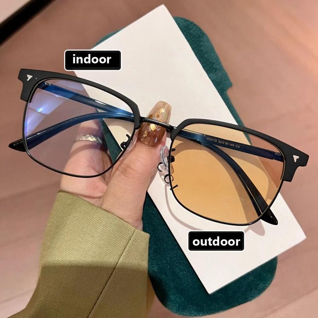 Intelligent Color Changing Minus Eyeglasses with Diopter 0 To -4.0 Vintage Square Half Frame Pochromic Near Sight Glasses