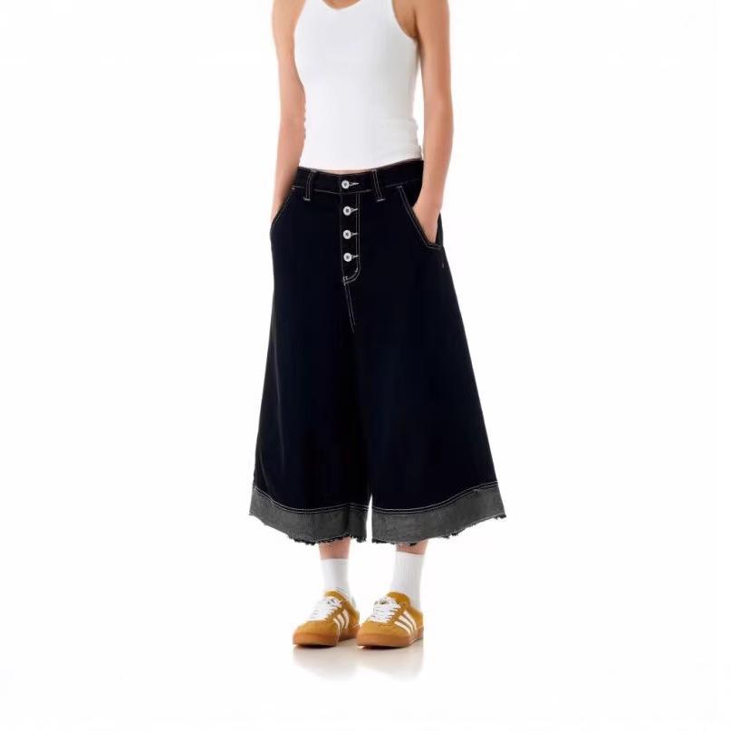 American Retro Patchwork Raw Edge Wide-Leg Culottes for Women