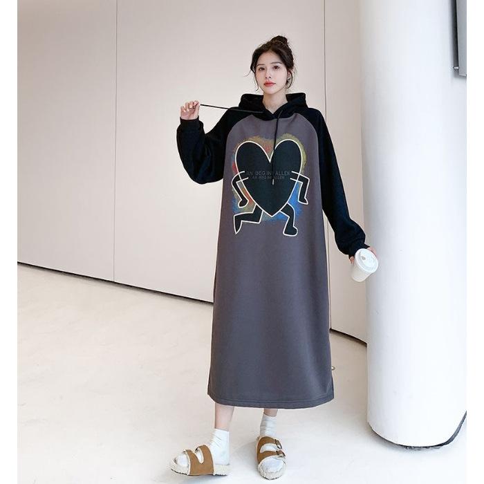 

YYFS Женская мода Осень Зима Принт «Любовное письмо» Длинный рукав Капюшон Свободная талия Повседневные платья XL темно-серого